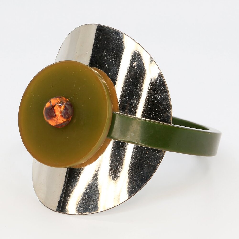Rare Art Deco Green Bakelite Bracelet With Chrome Disc Foil Yellow Cabochon 1930